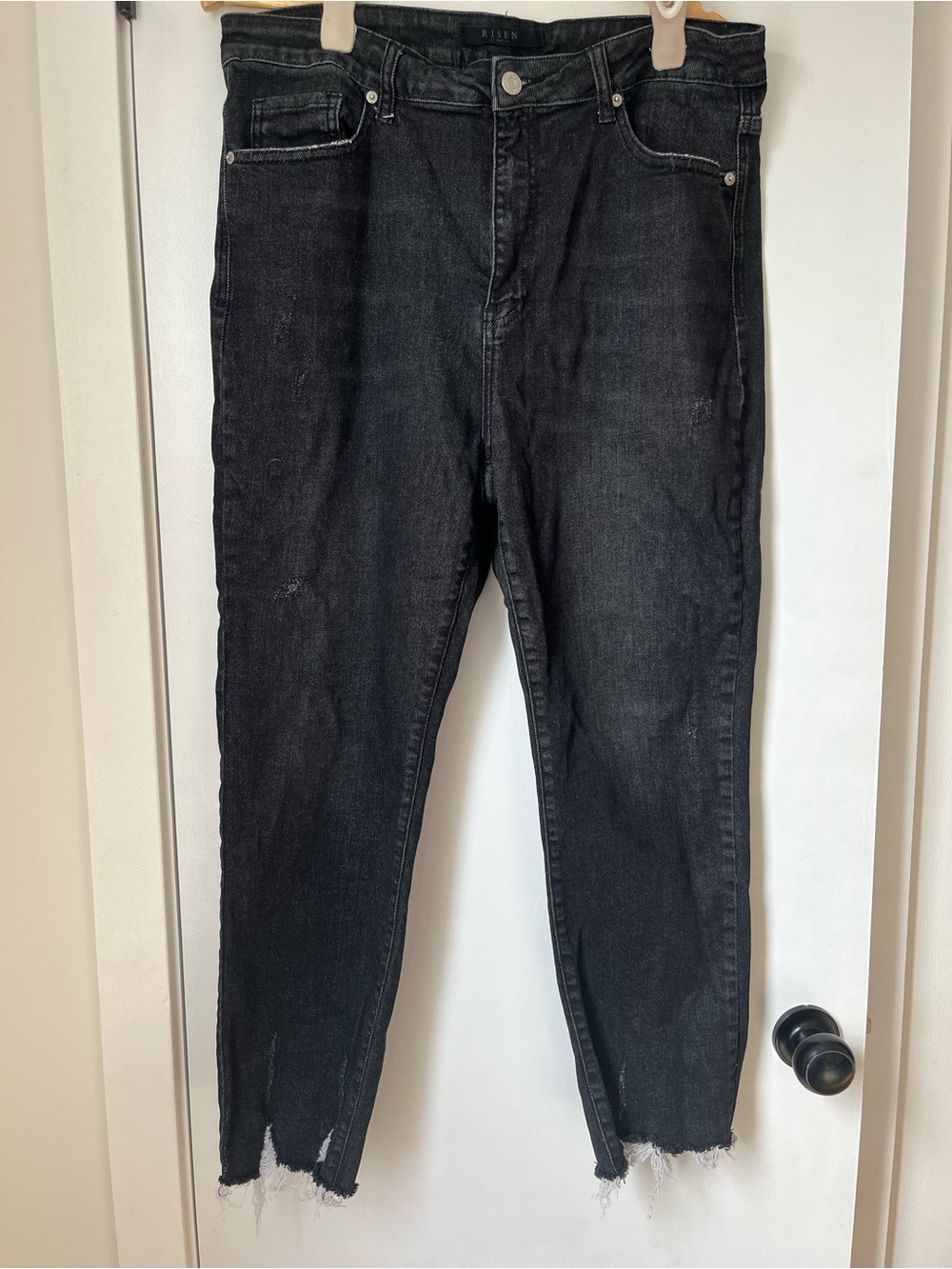 Risen Distressed Raw Hem Straight Leg Stretch Jeans